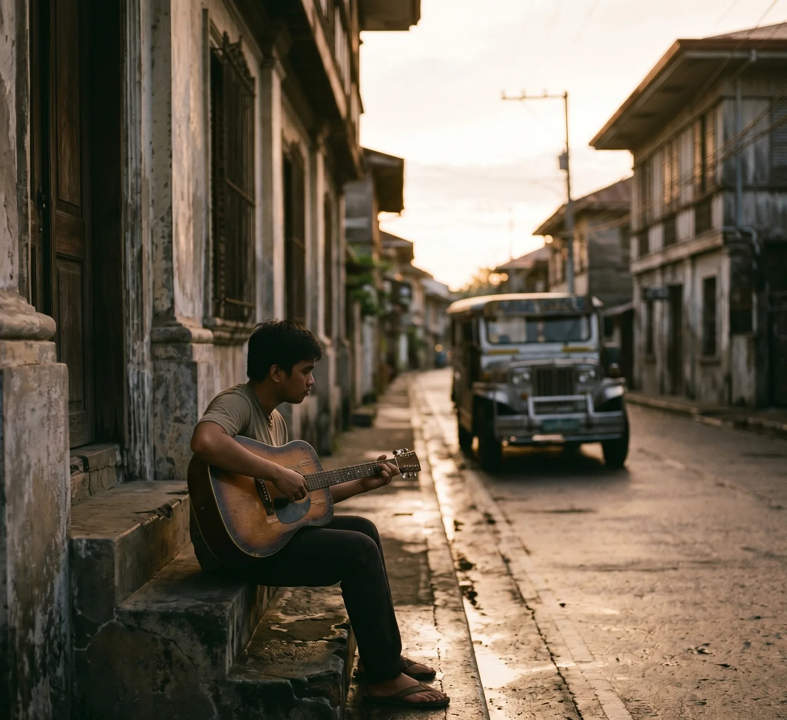 Sa Gitna ng Kahapon cover art with a guitarist seated along an old street at sunset